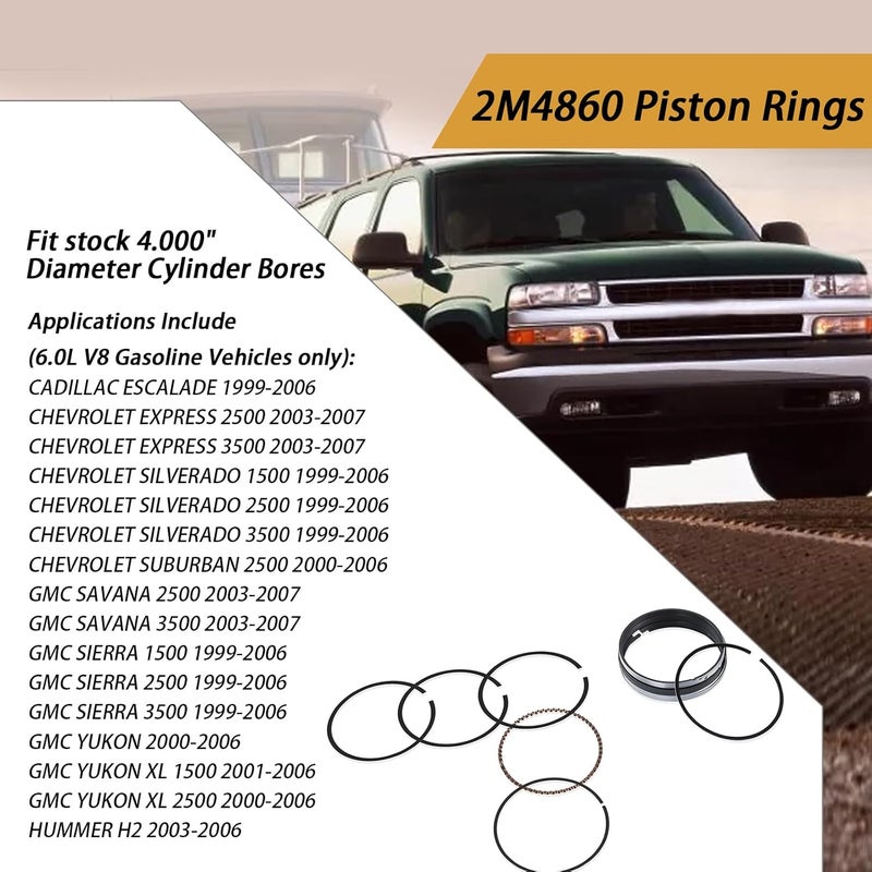 XTPTFABS 2M4860 Piston Rings(8-Cyl Ring kits) Compatible With 1999-2006 Chevrolet Gen III 364 6.0L LQ4 LQ9(Replace2M4860) Piston Rings - 4.000 in Bore -1.5 x 1.5 x 3.0 mm Thick - Standard Tension - Image 2